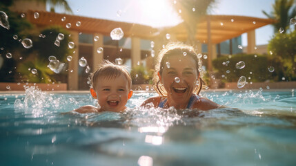 Family on summer holiday, child playing in the pool by parents and splashing together.