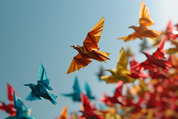 Witness the grace of colorful paper origami birds soaring against a clear blue sky in a captivating and artistic composition. Ai generated - obrazy, fototapety, plakaty