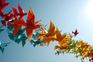 Witness the grace of colorful paper origami birds soaring against a clear blue sky in a captivating and artistic composition. Ai generated - 701786755