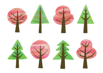 水彩のテクスチャを使った春の木のゆるいイラストセット