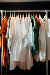 Many cloths on clothing rack in store