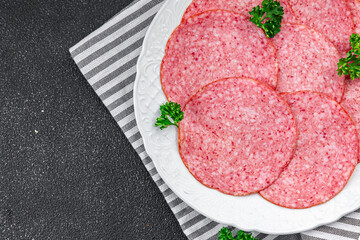 sausage salami fresh meat appetizer meal food snack on the table copy space food background rustic...