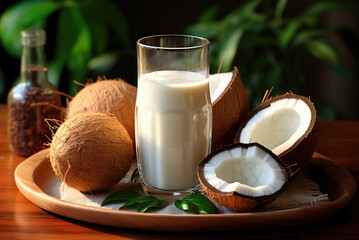 Coconut milk in a glass on the table