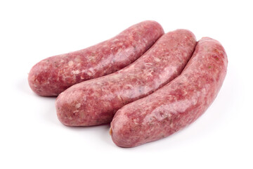German Oktoberfest Sausages with basil leaf, close-up, isolated on white background.