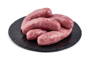 German Oktoberfest Sausages with basil leaf, close-up, isolated on white background.