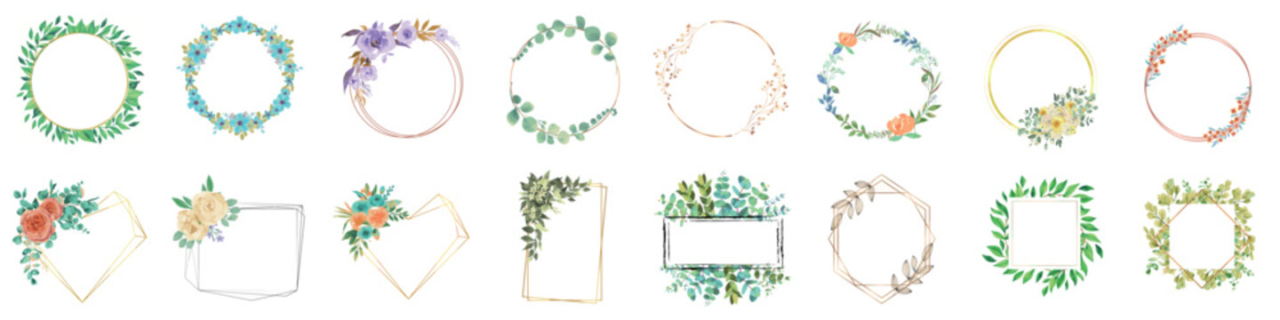 Frame with flowers set. Leaves frame. Wedding leaf branches. Wedding frame elements collection