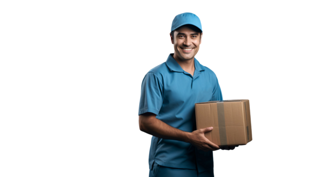 Portrait of a smiling delivery man with parcel isolated on transparent background