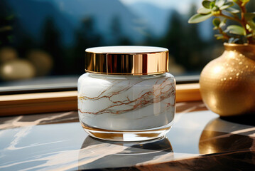 Skin care products face cream on a marble surface against the background of mountains