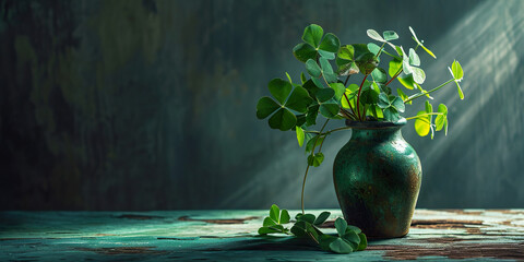 Artistic still life of a green shamrock in a vase. - obrazy, fototapety, plakaty