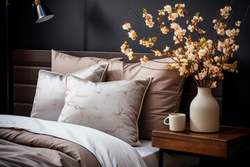 Premium bed linen in dusty beige with flowers on the bedside table in a modern bedroom