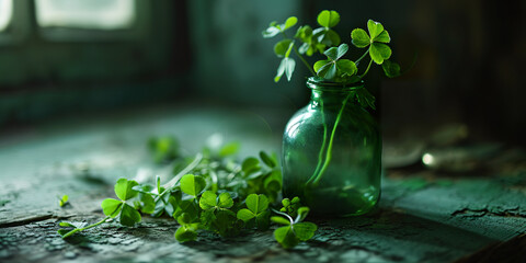 Artistic still life of a green shamrock in a vase.