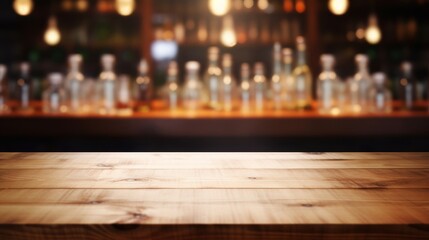  a wooden table top in front of a blurry bar with bottles on the wall and lights in the background.