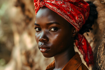 African woman worker wearing a red bandana for Black History Month, International Women's Day, Juneteenth, International Day for People of African Descent, Black Lives Matter, or Labor Day,