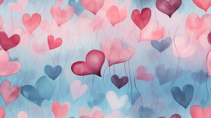  a bunch of heart shaped balloons floating in the air on a blue and pink background with a sky in the background.