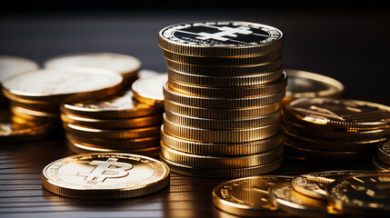 Stapel mit Münzen Goldmünzen - Bitcoin Münze Kryptowährung
