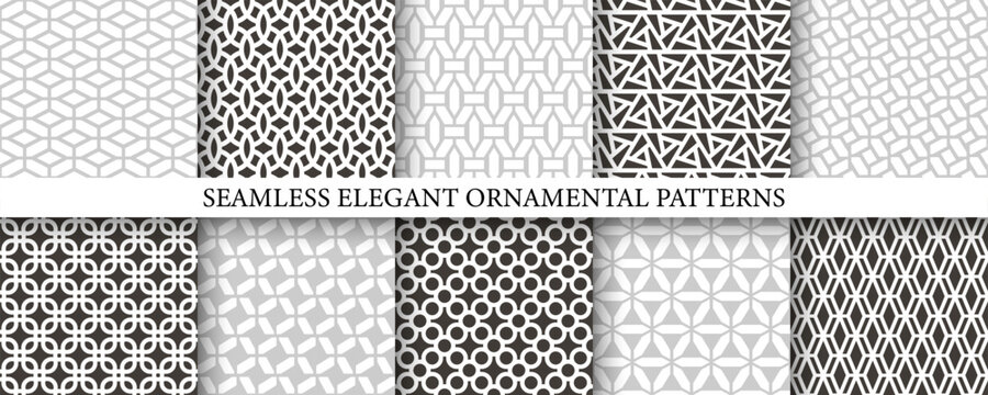 Collection of vintage seamless geometric color patterns - elegant design. Ornamental repeatable black, white and gray backgrounds. Endless textile print - grid textures