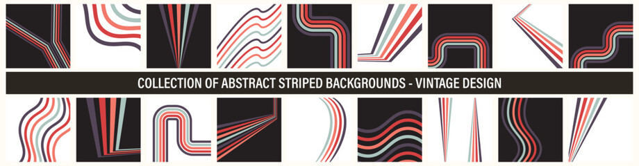 Collection of colorful striped abstract retro backgrounds, posters, templates, placards, brochures, banners, flyers and etc. Trendy covers with lines - vintage creative design 80-90s - 701789382