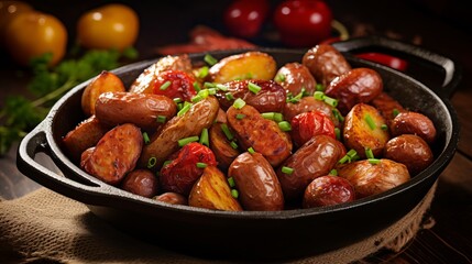 A homemade sausage that has been grilled with young potatoes and green onions