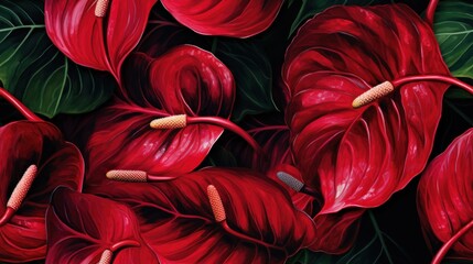  a painting of a bunch of red flowers with green leaves on the bottom and bottom of the petals on the bottom of the petals.