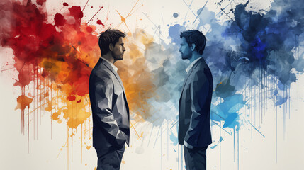 Zwei Männer schauen sich an - Illustration Erfolg vs. Misserfolg - obrazy, fototapety, plakaty