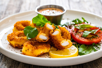 Fried breaded calamari rings with lemon and fresh vegetables on wooden table
