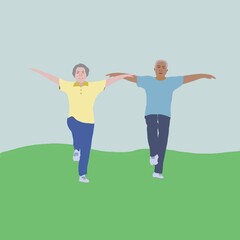 Senior couple exercising outdoors, illustration