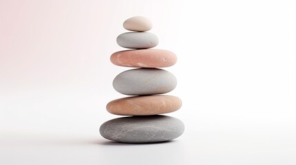 A mindfulness concept involves stacking marble zen stones on a white background.