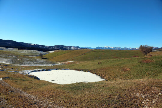landscape of the mountain plateau between the town of CANOVE and ASIAGO in Italy in winter