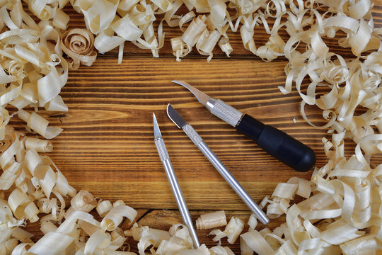 Wood carving tools and wood shavings