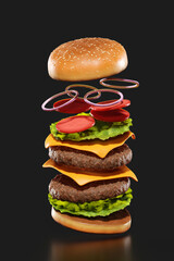 Flying hamburger with meat, cheese, tomato, lettuce and onions on dark background. 3D render of flying cheese burger with fast food concept.