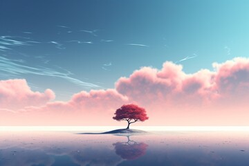 Graphic illustration of a lonely tree in a lake in front of mountains