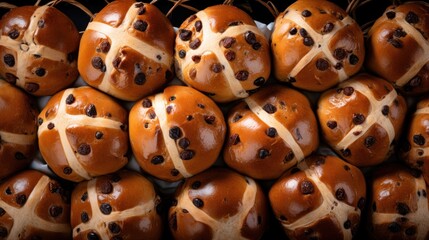  a pile of hot cross buns with chocolate chips on top of each of the buns is wrapped in twine.