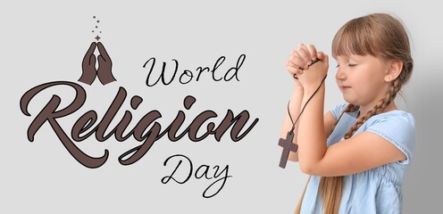 Little girl praying on light background. Banner for World Religion Day