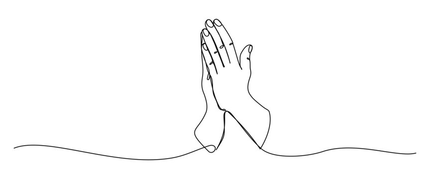 Praying hands one continuous line vector illustration isolated on transparent background. Religion, Christianity, faith, hope concept