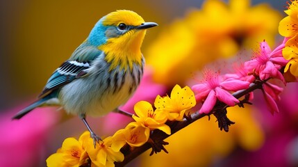 A bird is perched on colorful flowers