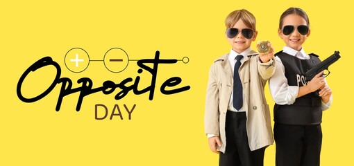 Banner for Opposite Day with police officers on yellow background