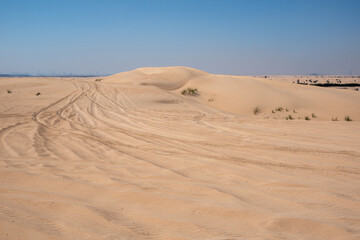 Fototapeta na wymiar Al Qudra empty quarter seamless desert sahara in Dubai UAE middle east with wind paths and sand dunes hills under gray cloudy sky 
