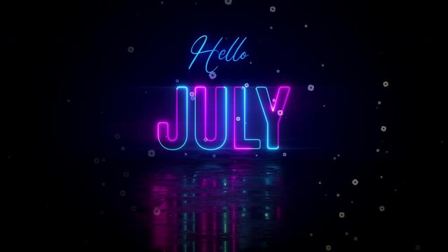 Festive Blue Pink Glowing Neon Hello July Text Reveal With Floor Reflection Amid The Falling White Flowers On Dark Background, With Isolated Text Effect Motion, 5-15 Seconds Seamless Loop
