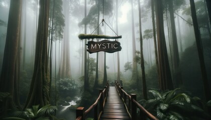 Fototapeta na wymiar Misty Rainforest with Tall Trees and Wooden Bridge
