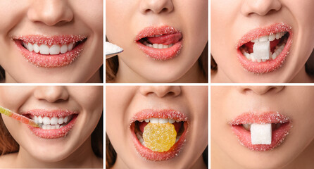 Collage of beautiful young woman with sugar lips and sweets, closeup - obrazy, fototapety, plakaty
