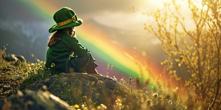 Child in a leprechaun outfit sitting on a rainbow.