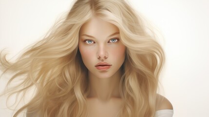 Naklejka premium Realistic picture: imperfect woman in medium blonde and upholstered hair, white background 