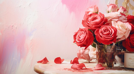 pink and red roses with lipstick placed