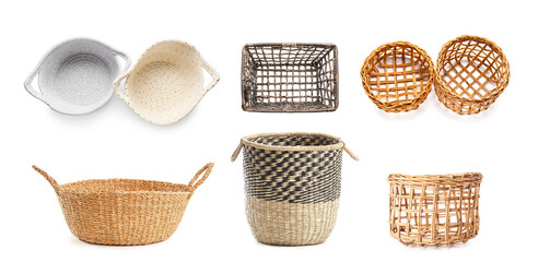 Set of different wicker baskets isolated on white