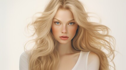 Realistic picture: imperfect woman in medium blonde and upholstered hair, white background 