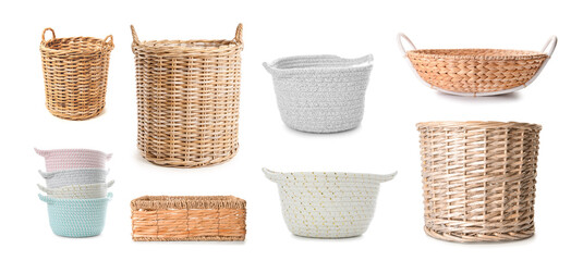 Set of many wicker baskets isolated on white