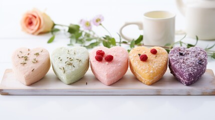  a group of four heart shaped cakes sitting on top of a wooden cutting board next to a cup of coffee.