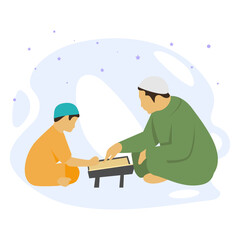 Children engaged in Quranic education under guidance of their father Concept, Muslim Kid reciting vector Design, Ramadan Eid al-Fitr Symbol, Islamic and Muslim fasting Sign, Arabic holiday celebration