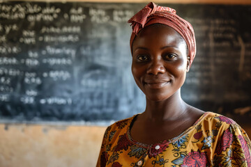 Portrait of an an female frican teacher in a african school - 701792153