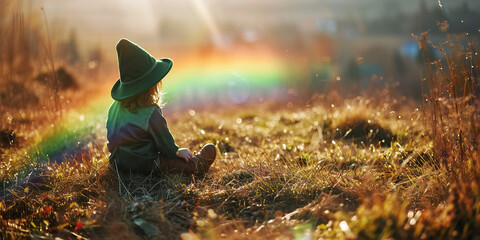 Child in a leprechaun outfit sitting on a rainbow.